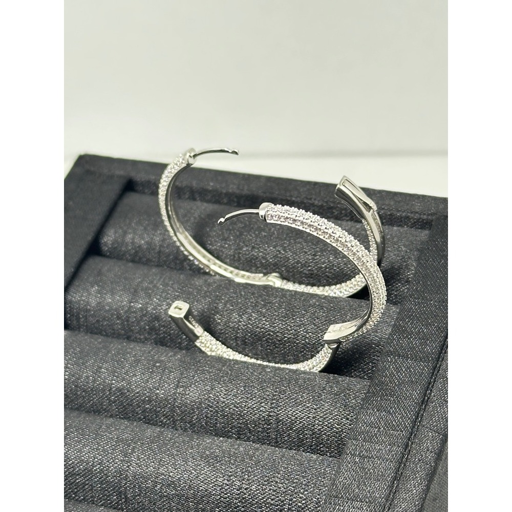 Sterling Silver 925 Inside Out CZ Hoop Earrings Pave Cubic Zirconia 1.5 Inch - Picture 9 of 11